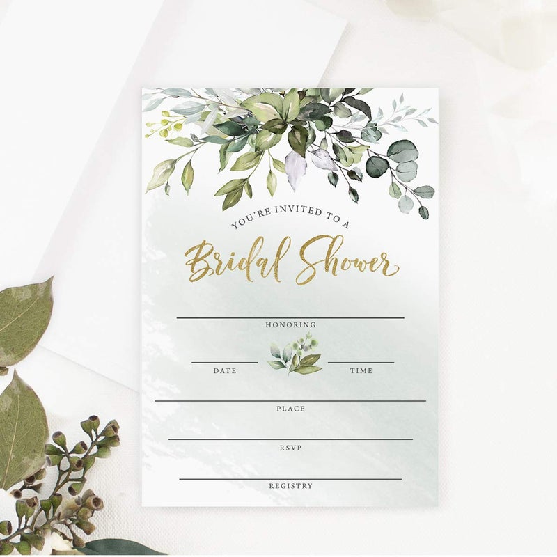 Printed Party Bridal Shower Invitations and Envelopes, Greenery, Set of 25 - Image 1